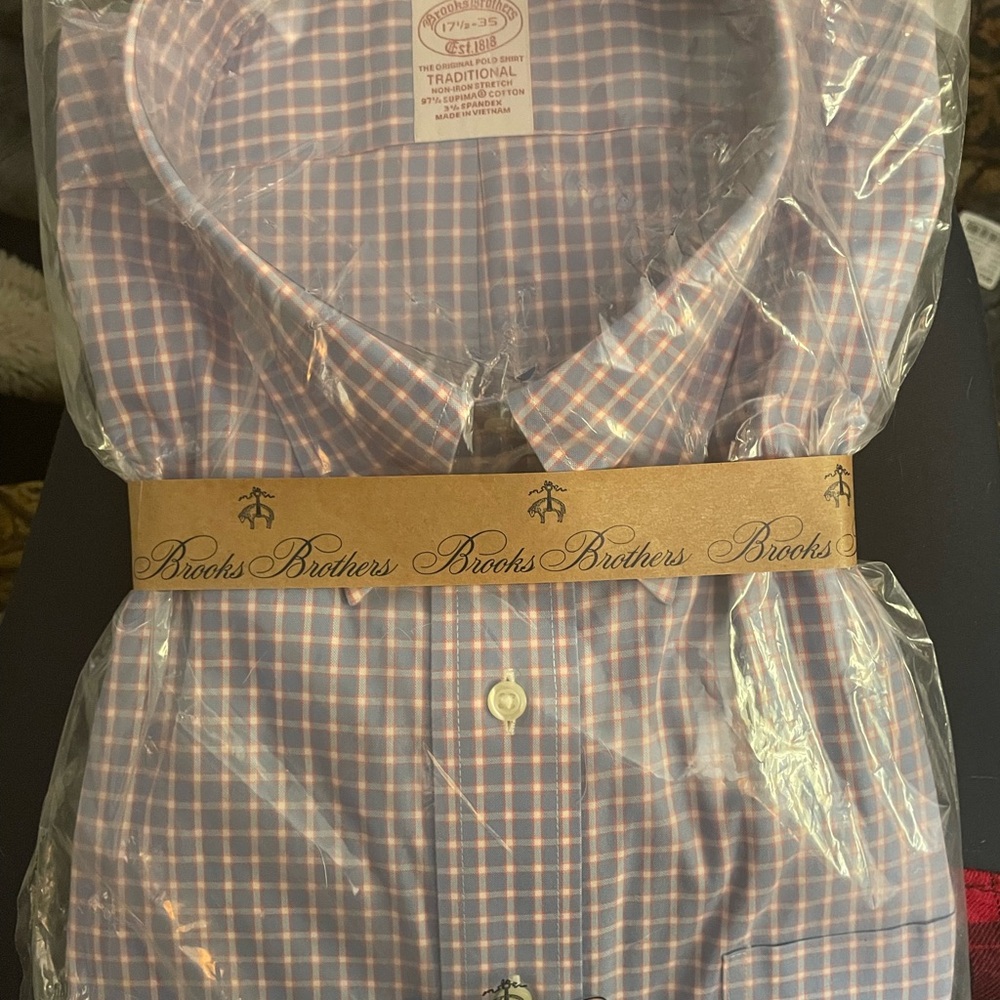 Brooks Brothers Men's Coral and Blue Plaid Shirt